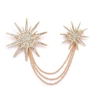 Gold Crystal Starburst Chain Brooch Pin